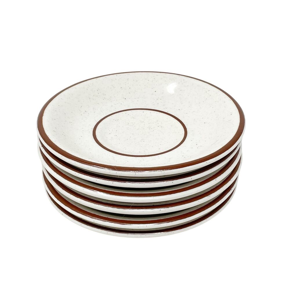 Buffalo China Coffee Cup Saucer Plate Brown Stripe Trim Speckled 6 3/8" Set of 6